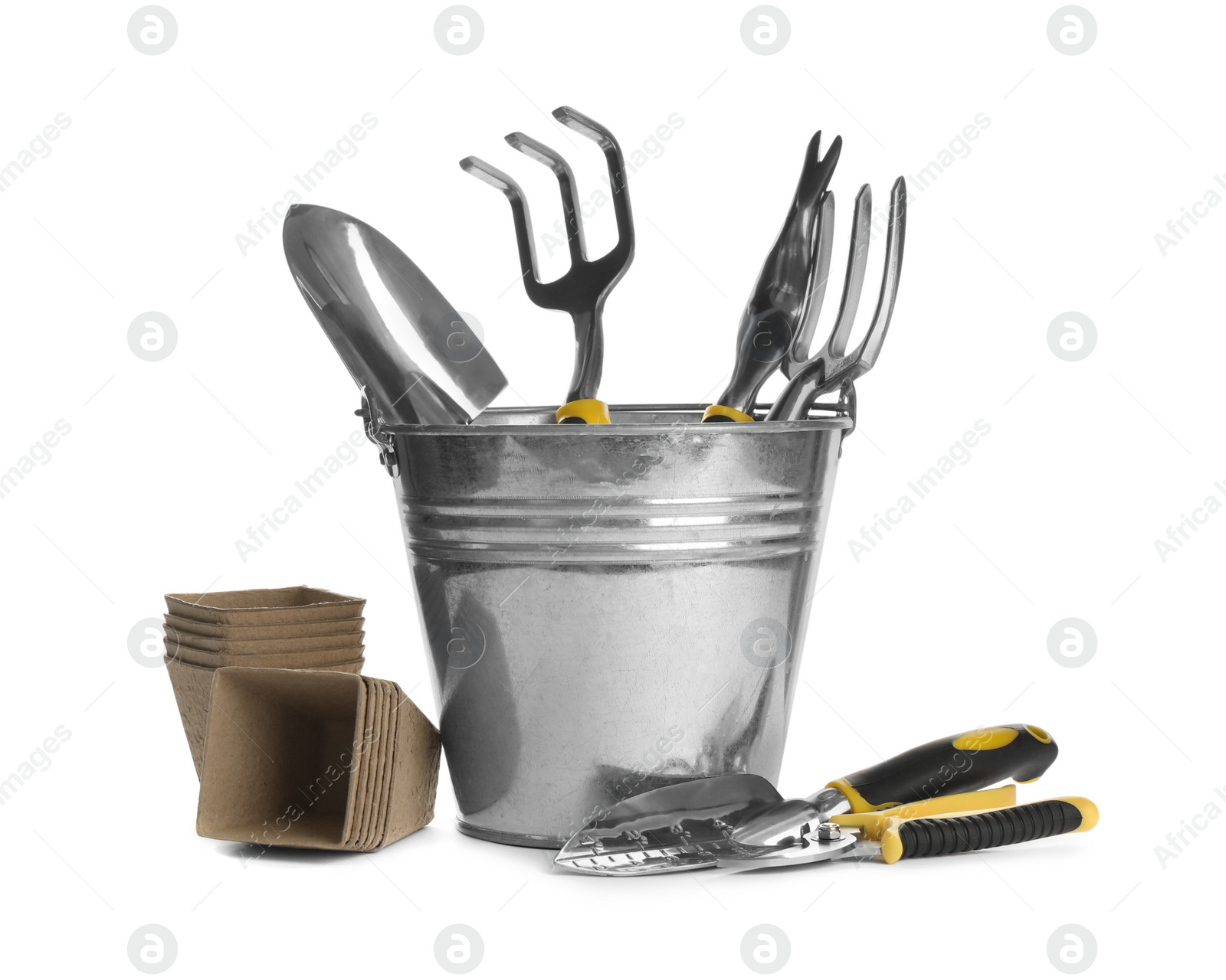 Photo of Different modern gardening tools on white background