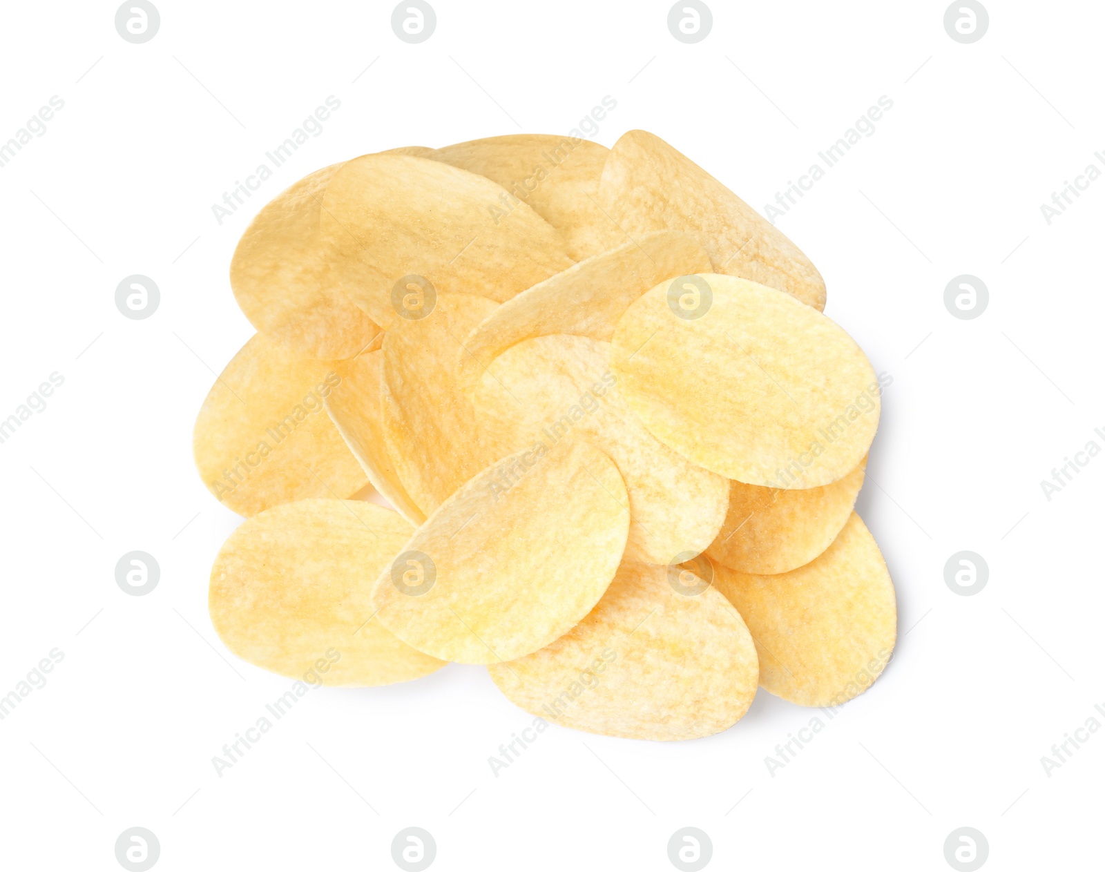 Photo of Heap of delicious potato chips on white background, top view