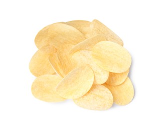 Photo of Heap of delicious potato chips on white background, top view