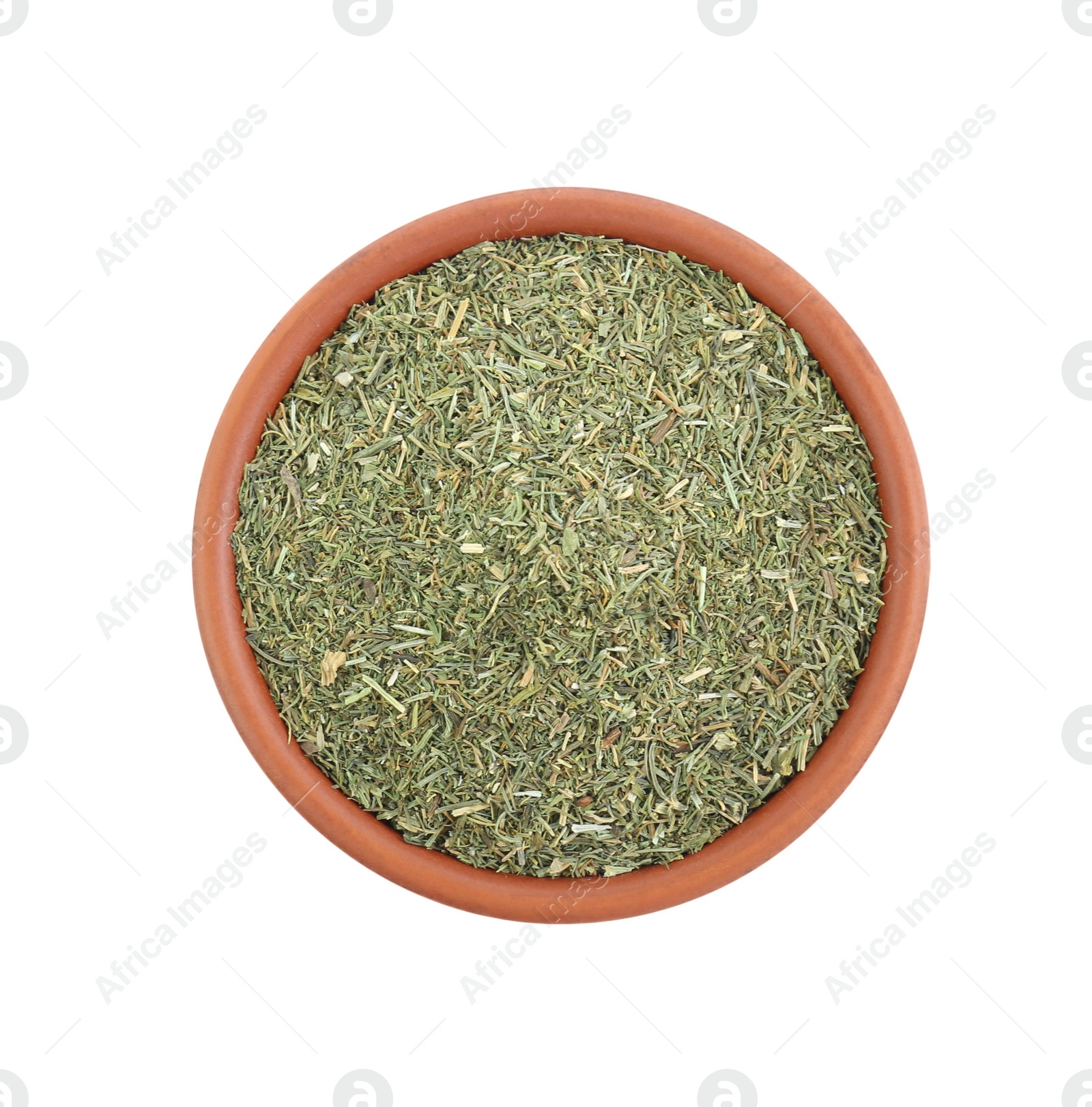 Photo of Bowl with aromatic dry dill on white background, top view