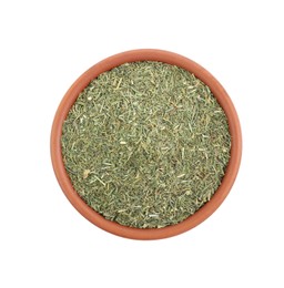 Photo of Bowl with aromatic dry dill on white background, top view