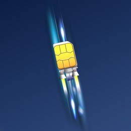 Fast internet connection. SIM card rocket flying on dark blue background