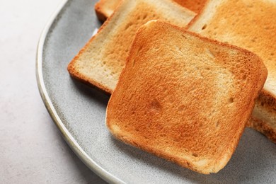 Photo of Plate with slices of delicious toasted bread on gray table, closeup