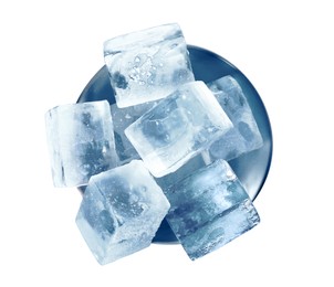 Photo of Bowl of crystal clear ice cubes isolated on white, top view