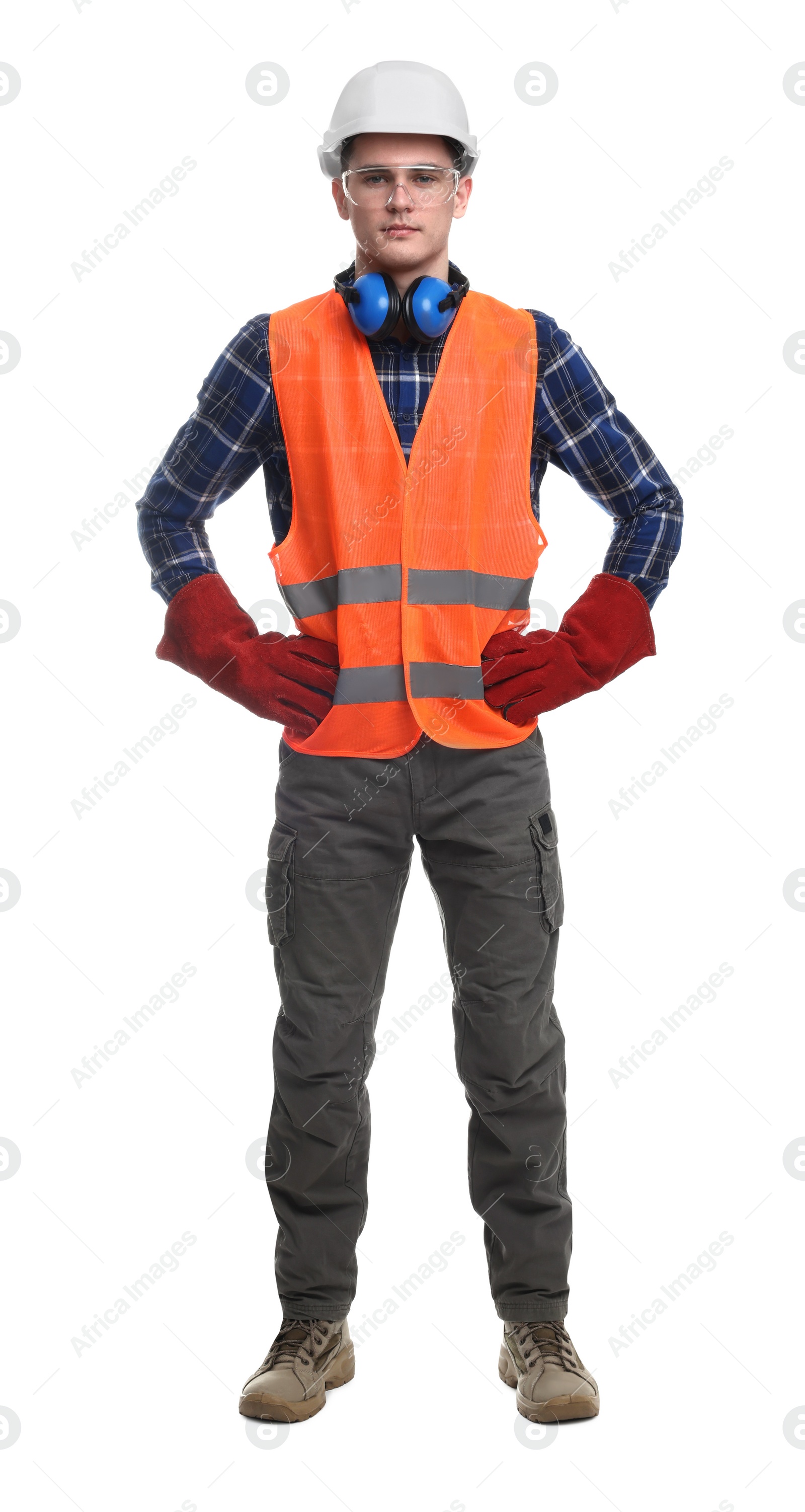 Photo of Young man wearing safety equipment on white background