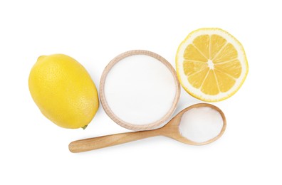 Photo of Baking soda and lemons isolated on white, top view