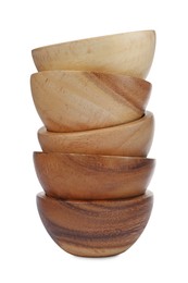 Photo of Set of wooden bowls on white background