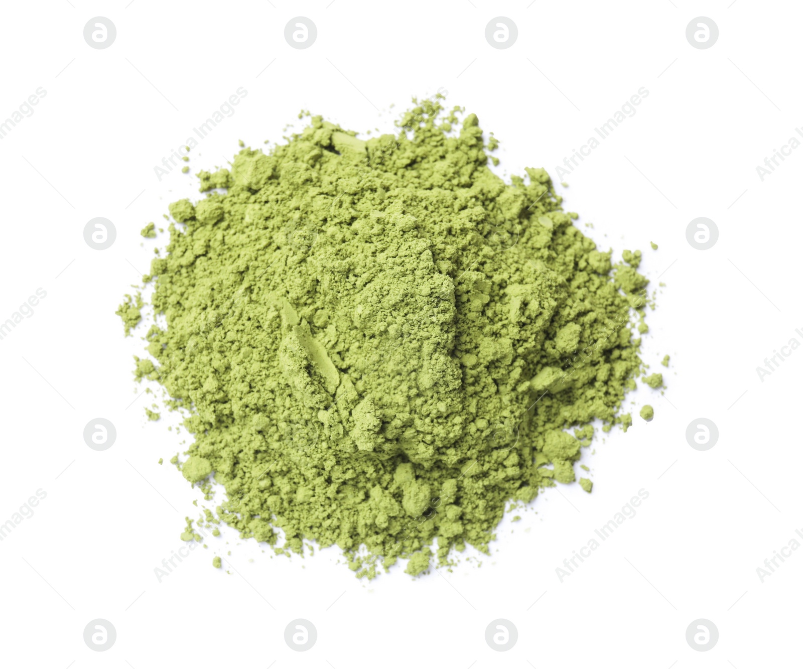 Photo of Pile of green matcha powder isolated on white, top view