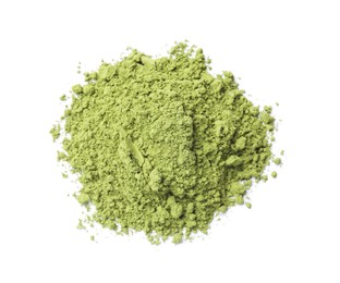 Pile of green matcha powder isolated on white, top view