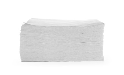 Photo of Stack of clean paper napkins on white background