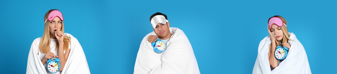 Collage with photos of people wrapped in blankets with alarm clocks on light blue background. Banner design