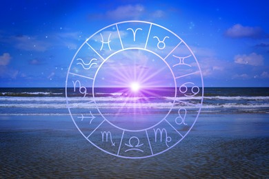 Image of Zodiac wheel and beautiful view on sea under blue sky with clouds