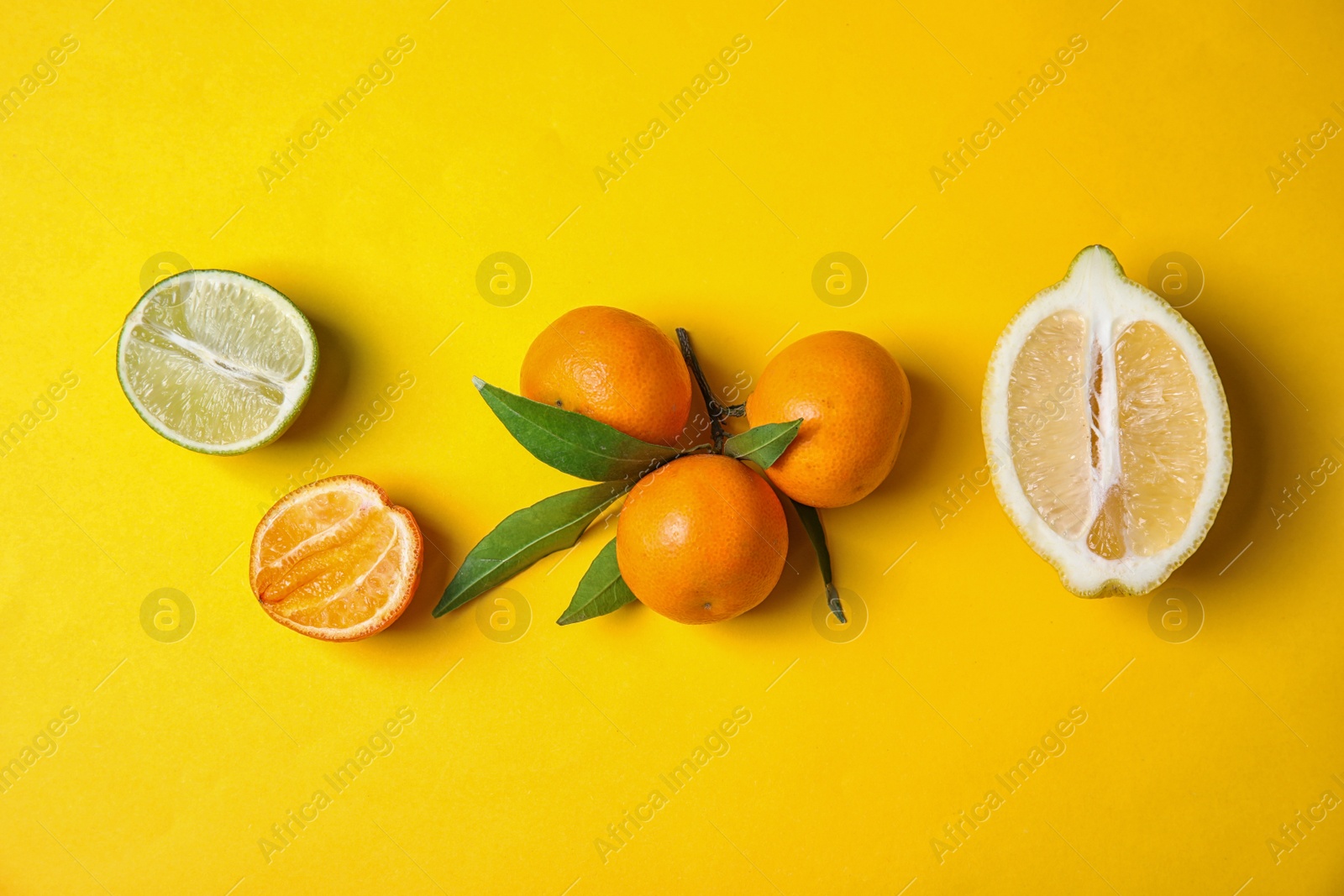 Photo of Different citrus fruits on color background, top view. Space for text