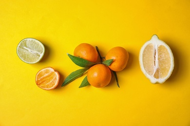 Photo of Different citrus fruits on color background, top view. Space for text