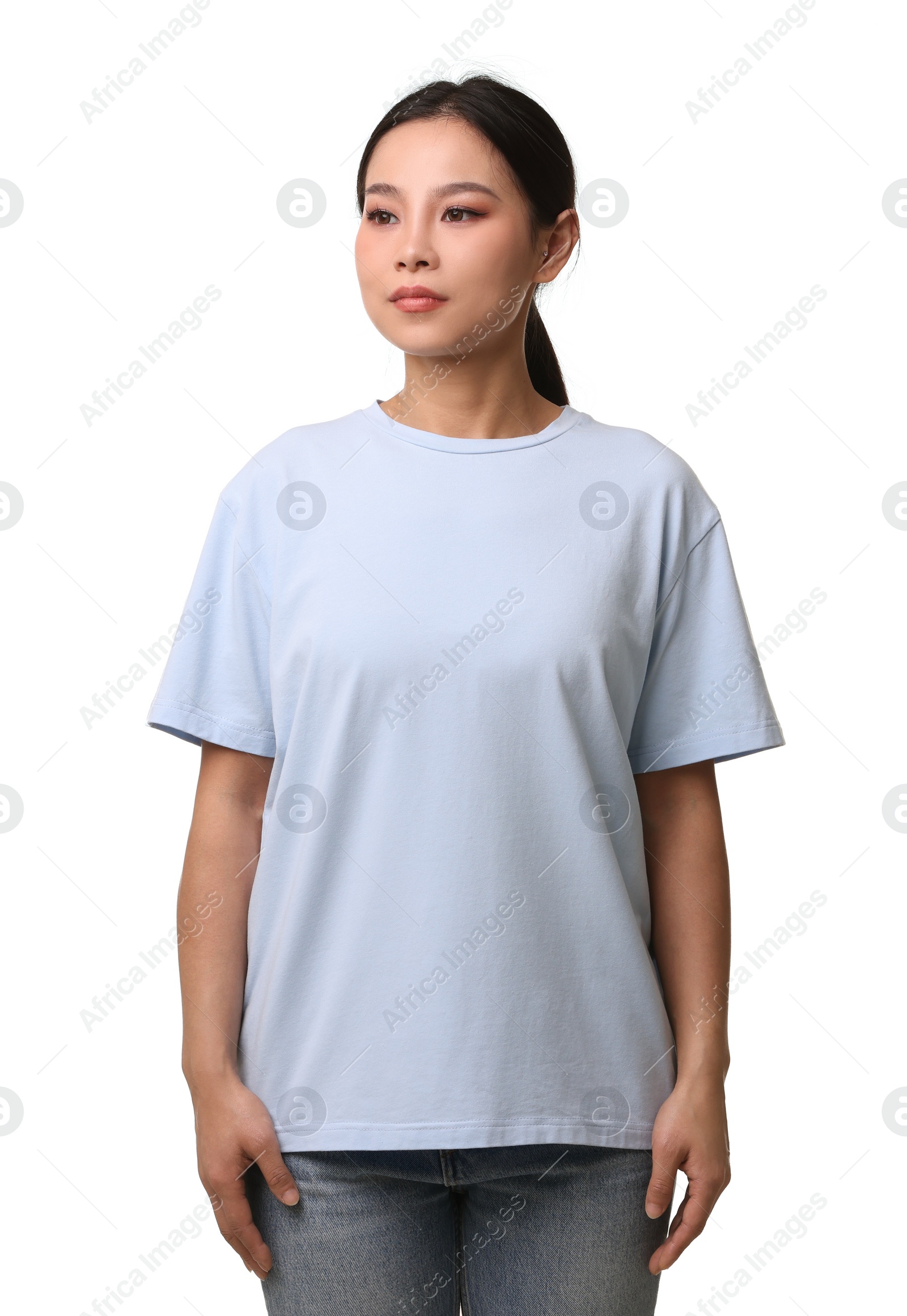 Photo of Woman wearing light blue t-shirt on white background