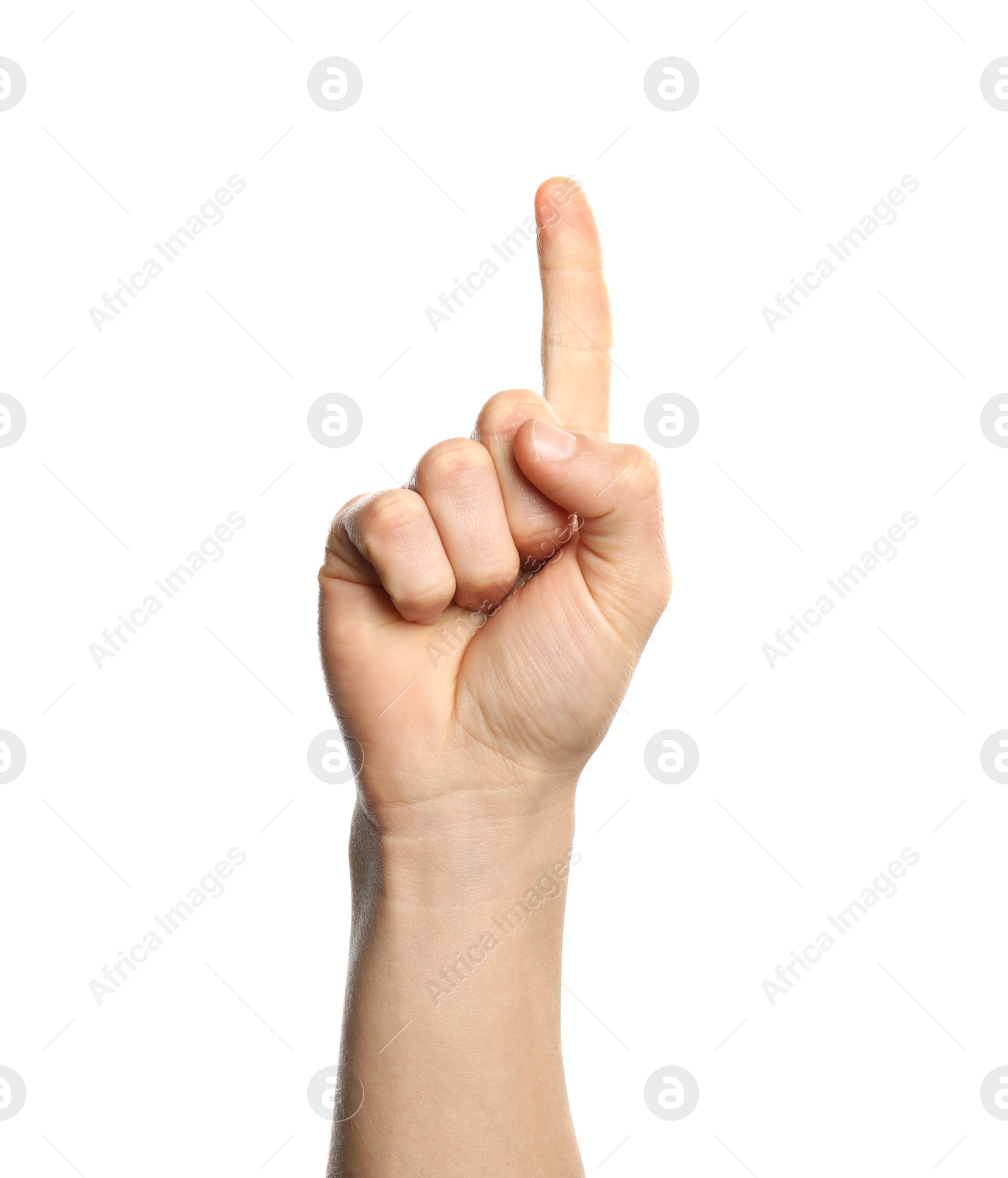 Photo of Man showing number one on white background, closeup. Sign language