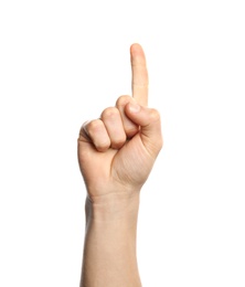 Photo of Man showing number one on white background, closeup. Sign language
