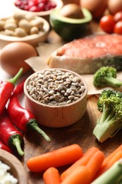 Many different healthy food on table, closeup