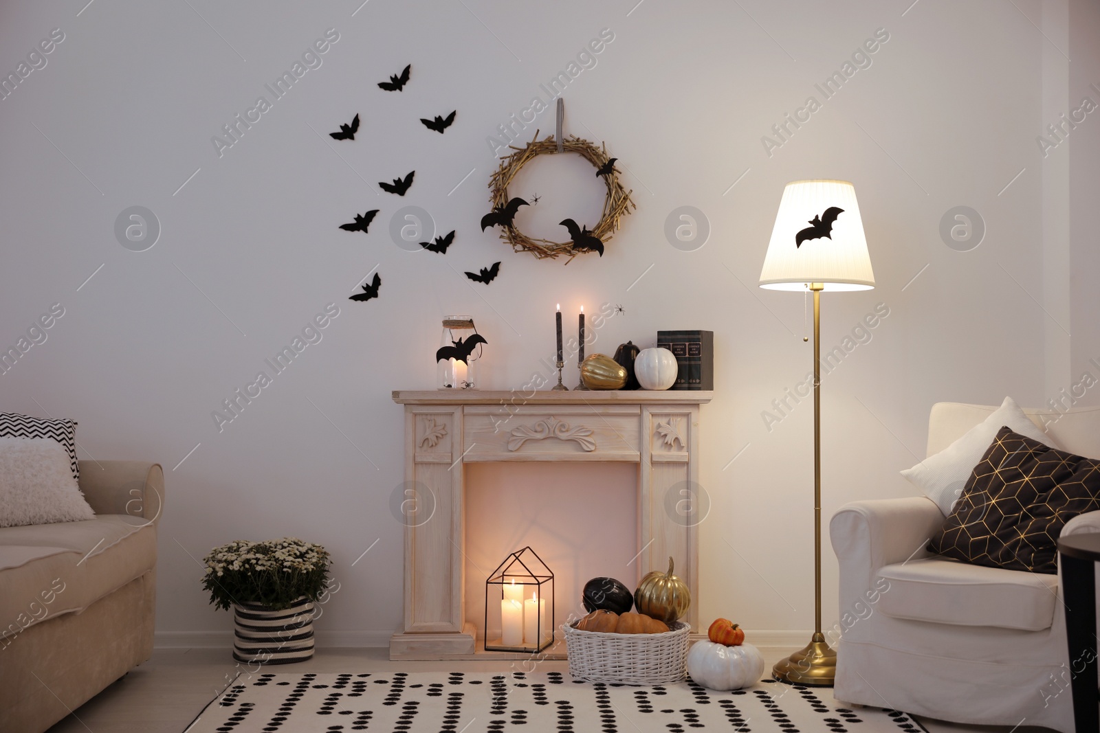 Photo of Modern room decorated for Halloween. Idea for festive interior