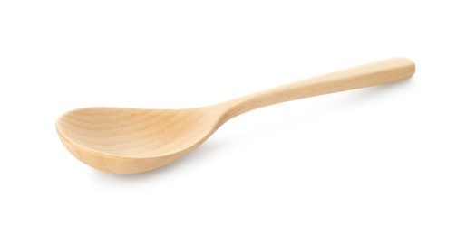 Photo of One empty wooden spoon isolated on white