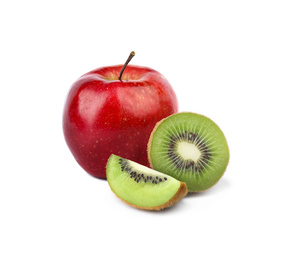 Image of Ripe juicy kiwi and apple on white background