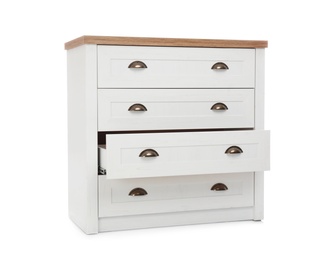 Photo of Modern chest of drawers isolated on white. Furniture for wardrobe room