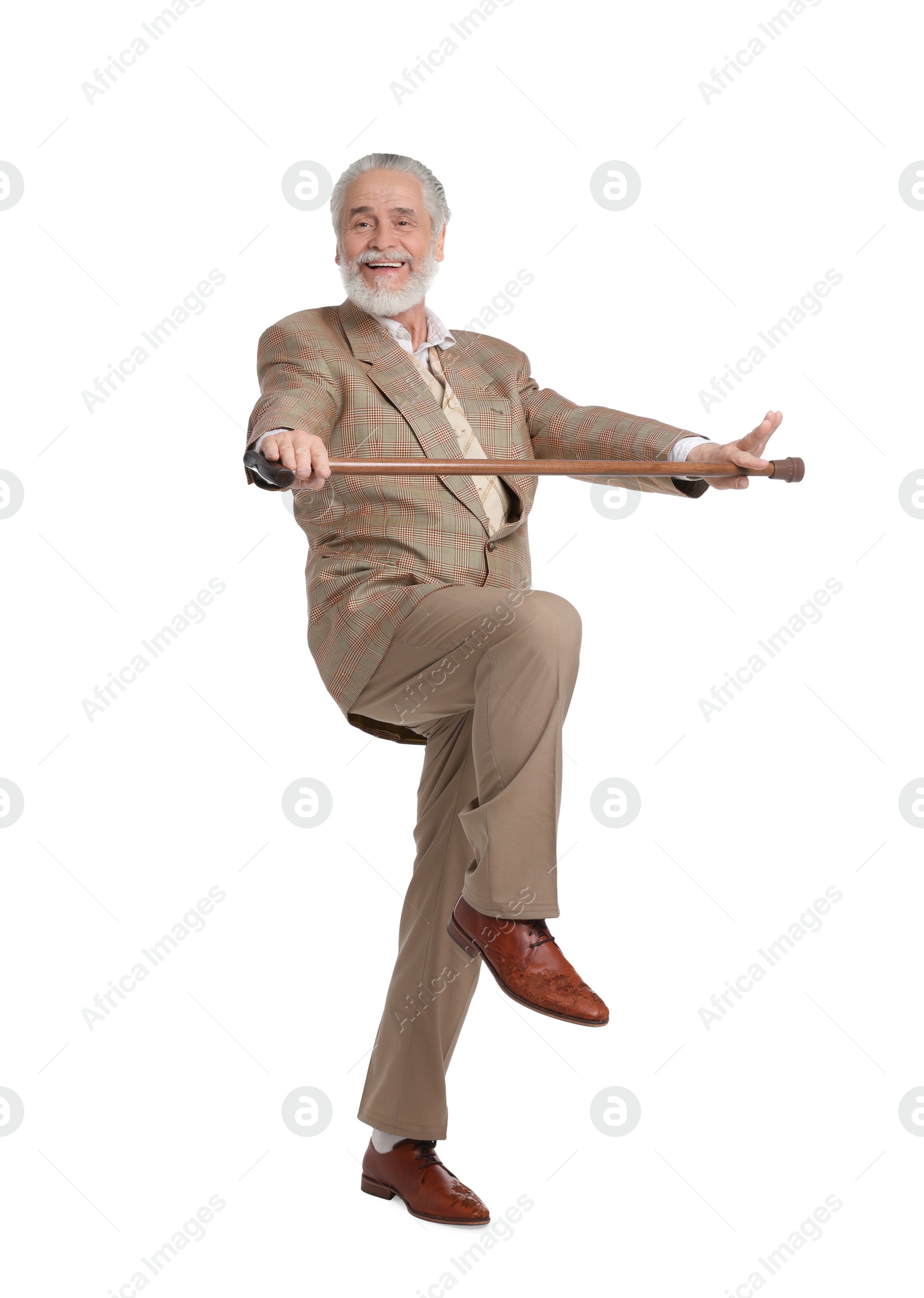 Photo of Cheerful senior man with walking cane on white background