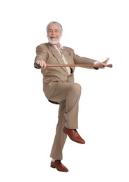 Photo of Cheerful senior man with walking cane on white background
