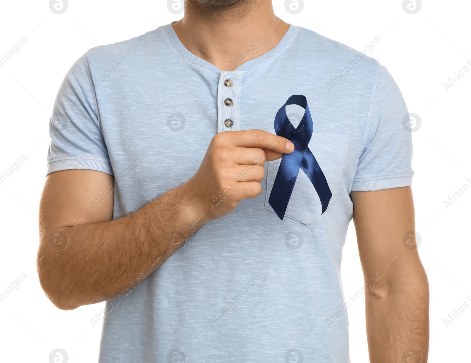 Photo of Man with blue ribbon on white background, closeup. Urology cancer awareness