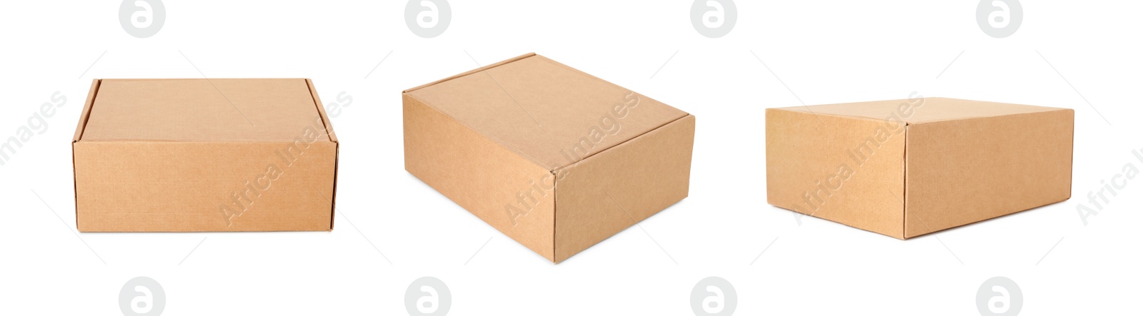 Image of Set with cardboard boxes on white background. Banner design