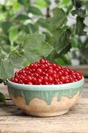 Photo of Ripe red currants in bowl on wooden table. Space for text