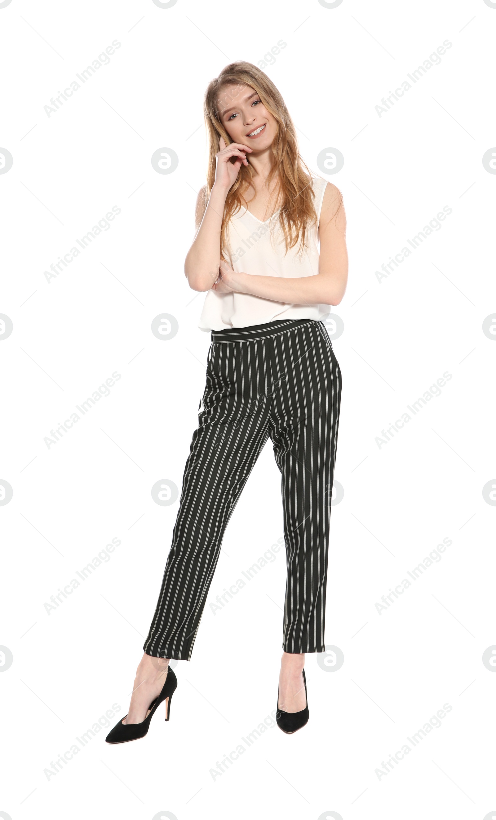 Photo of Portrait of beautiful young woman on white background