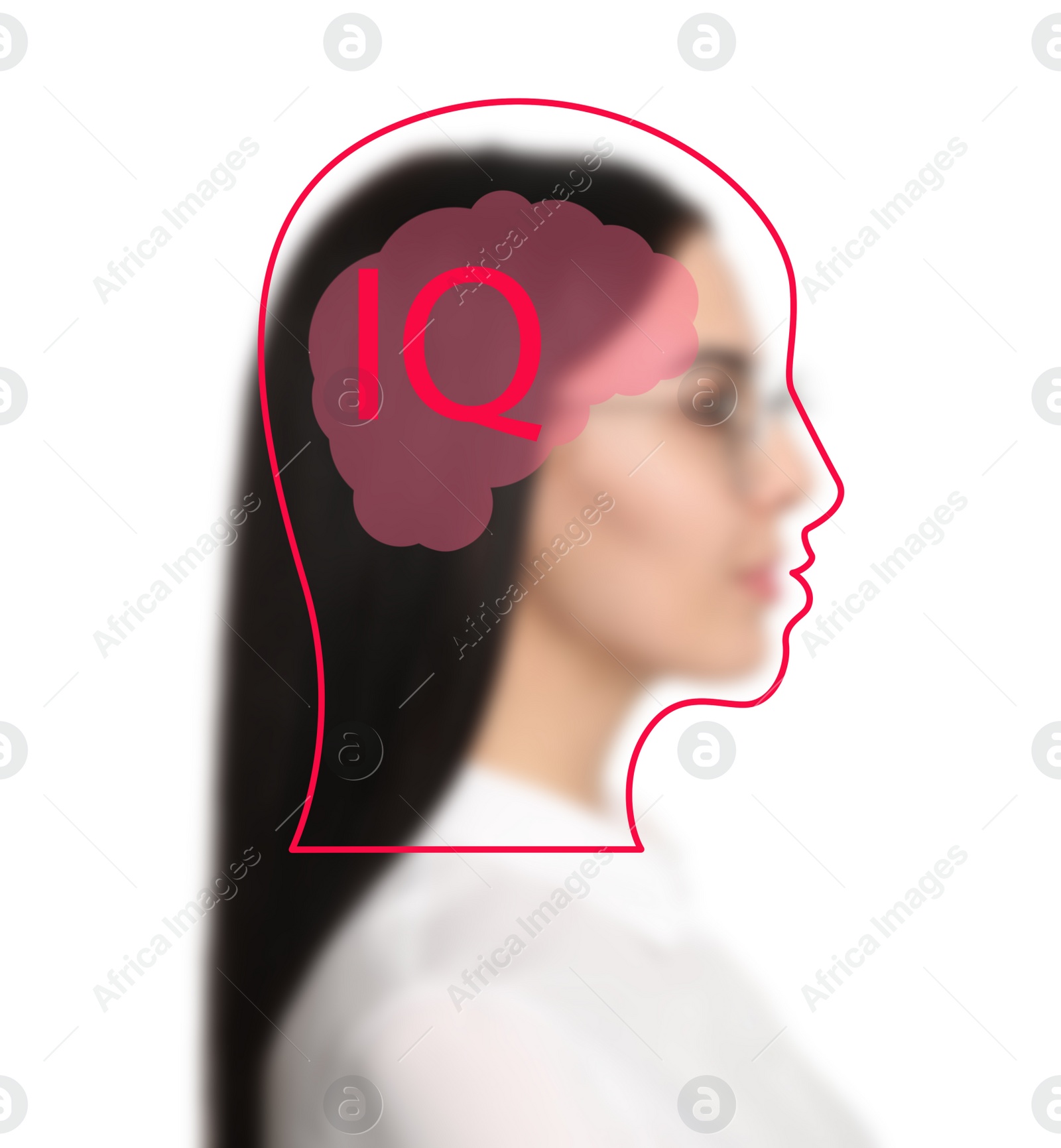 Image of Illustrated head with brain and blurred view of woman on white background. IQ test