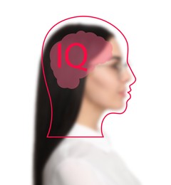 Image of Illustrated head with brain and blurred view of woman on white background. IQ test