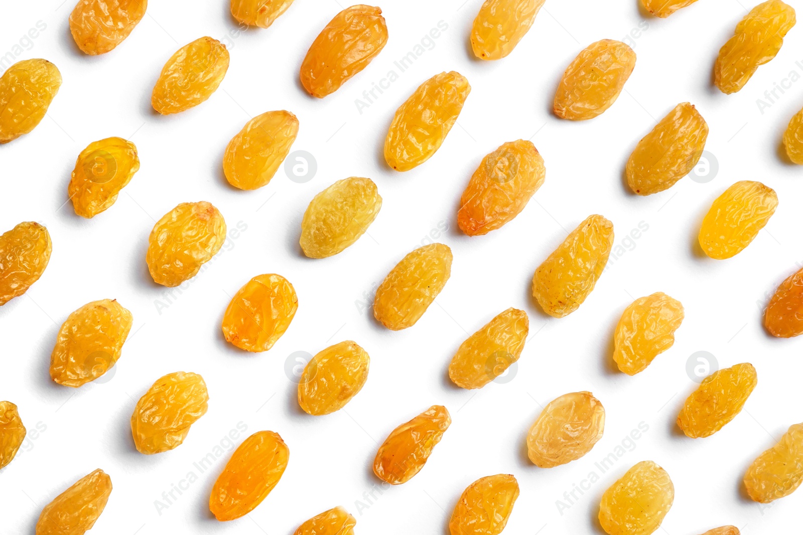 Photo of Composition with raisins on white background, top view. Dried fruit as healthy snack