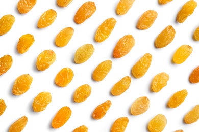 Photo of Composition with raisins on white background, top view. Dried fruit as healthy snack