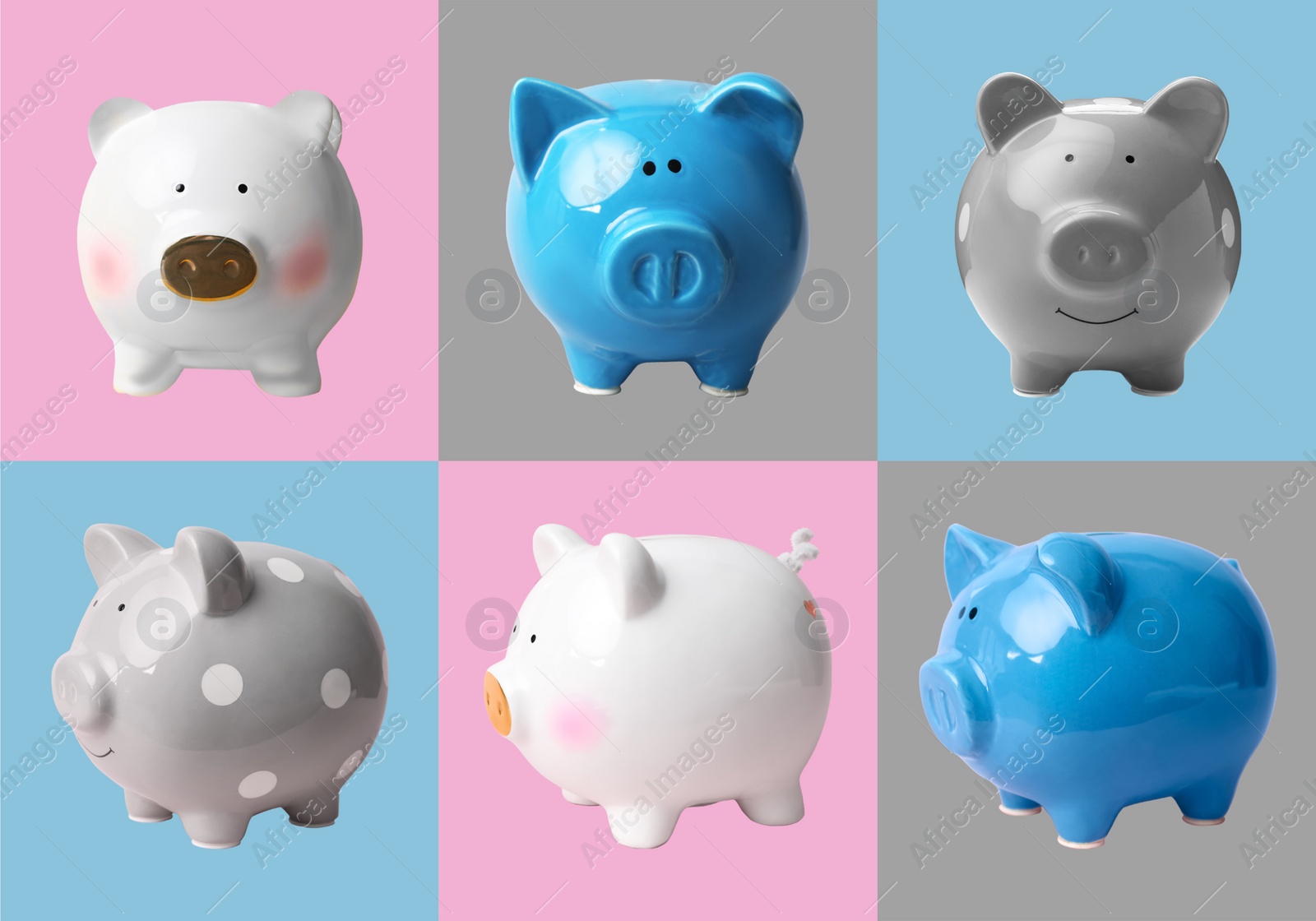 Image of Set with piggy banks on different color backgrounds