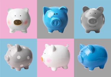 Set with piggy banks on different color backgrounds