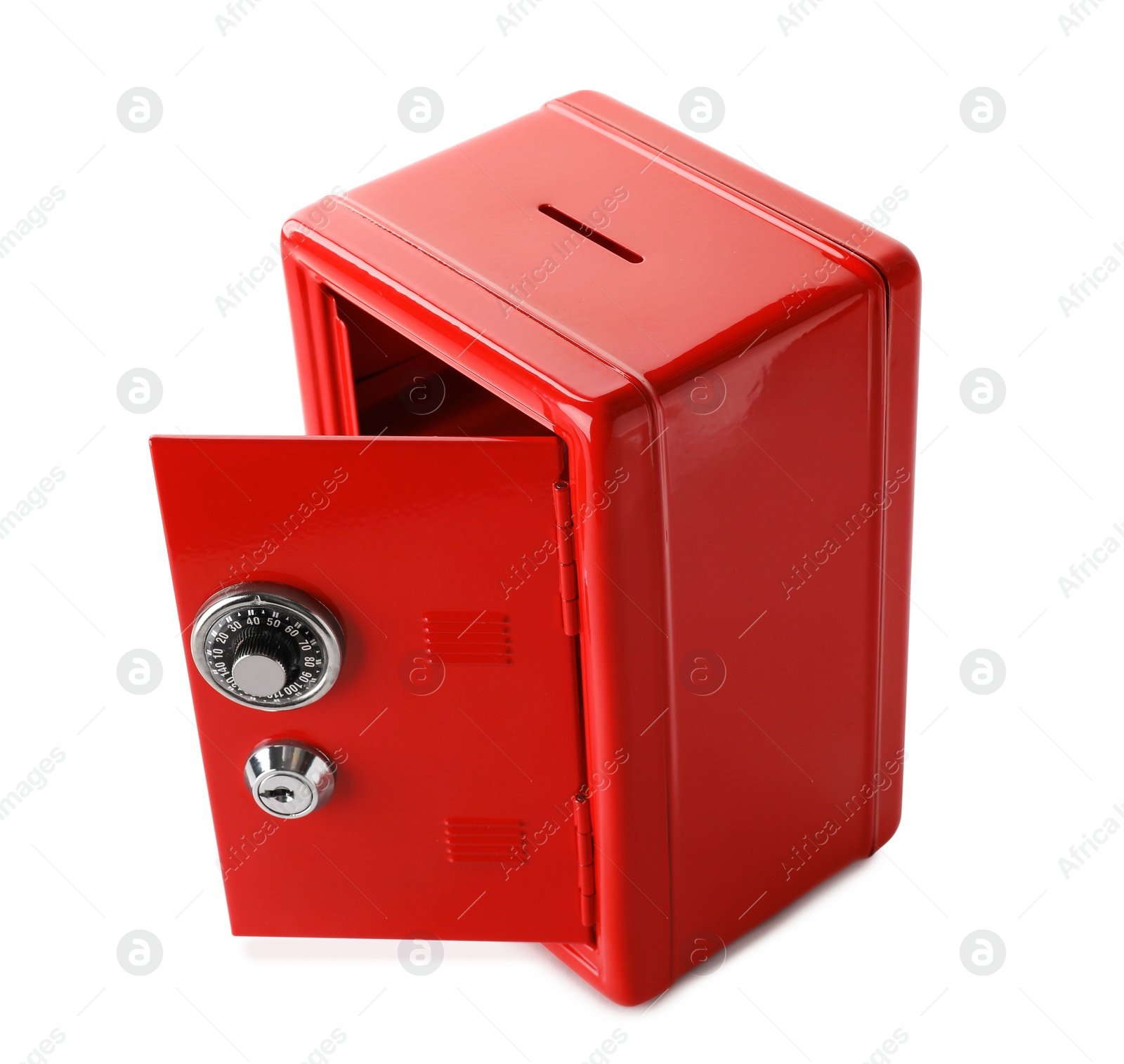 Photo of Open red steel safe isolated on white