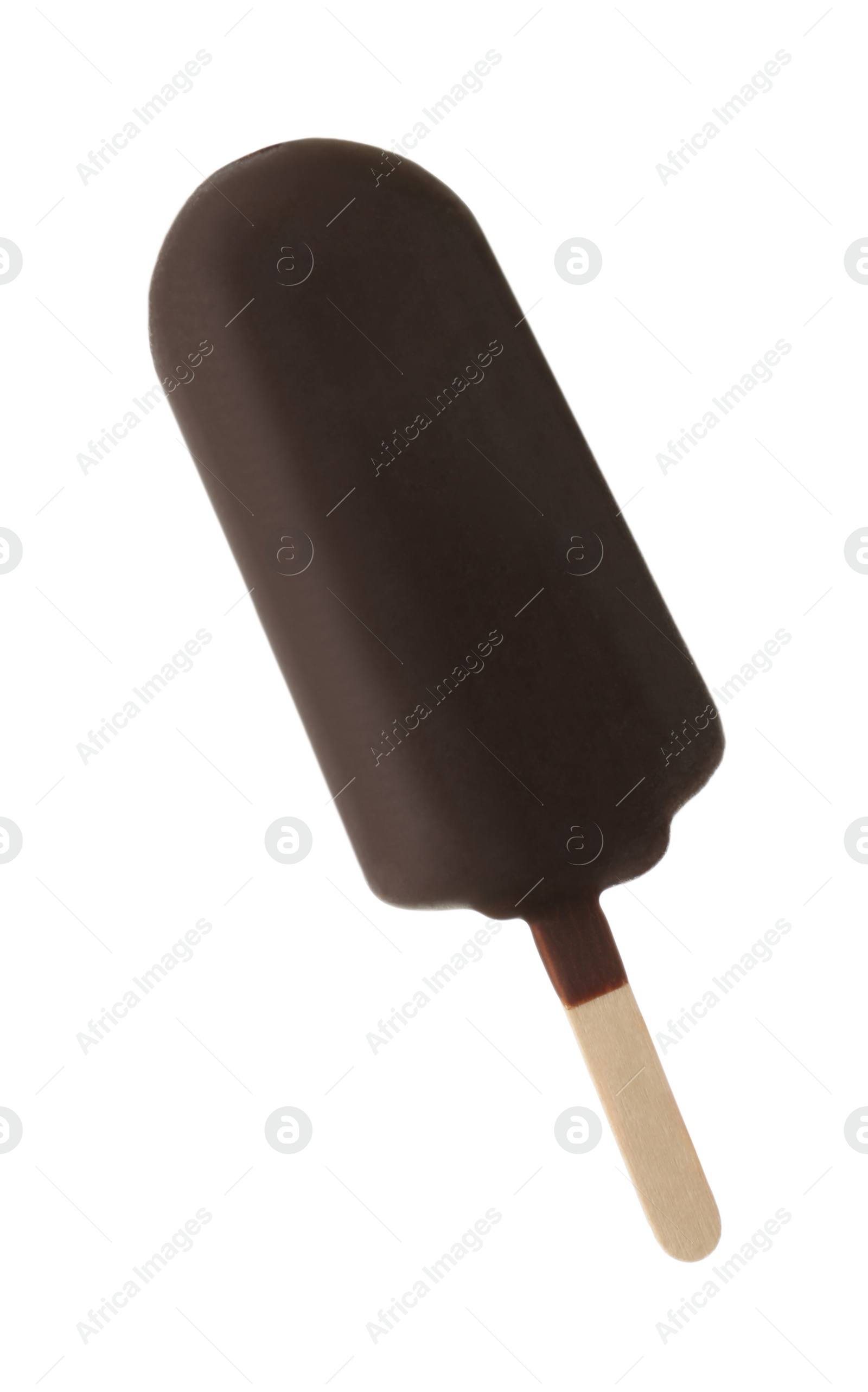 Photo of Woman holding delicious ice cream with chocolate against white background