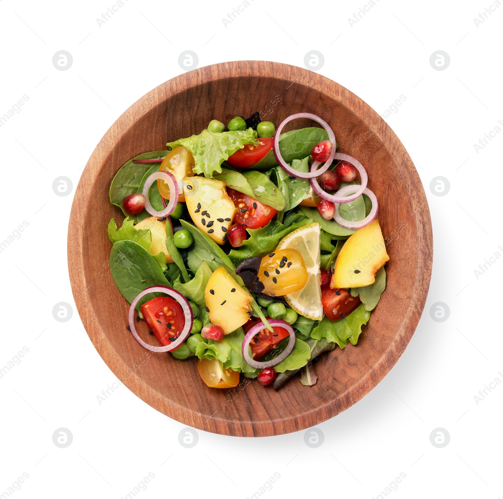 Photo of Delicious salad with peach, green peas and vegetables in bowl isolated on white, top view