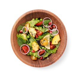 Photo of Delicious salad with peach, green peas and vegetables in bowl isolated on white, top view