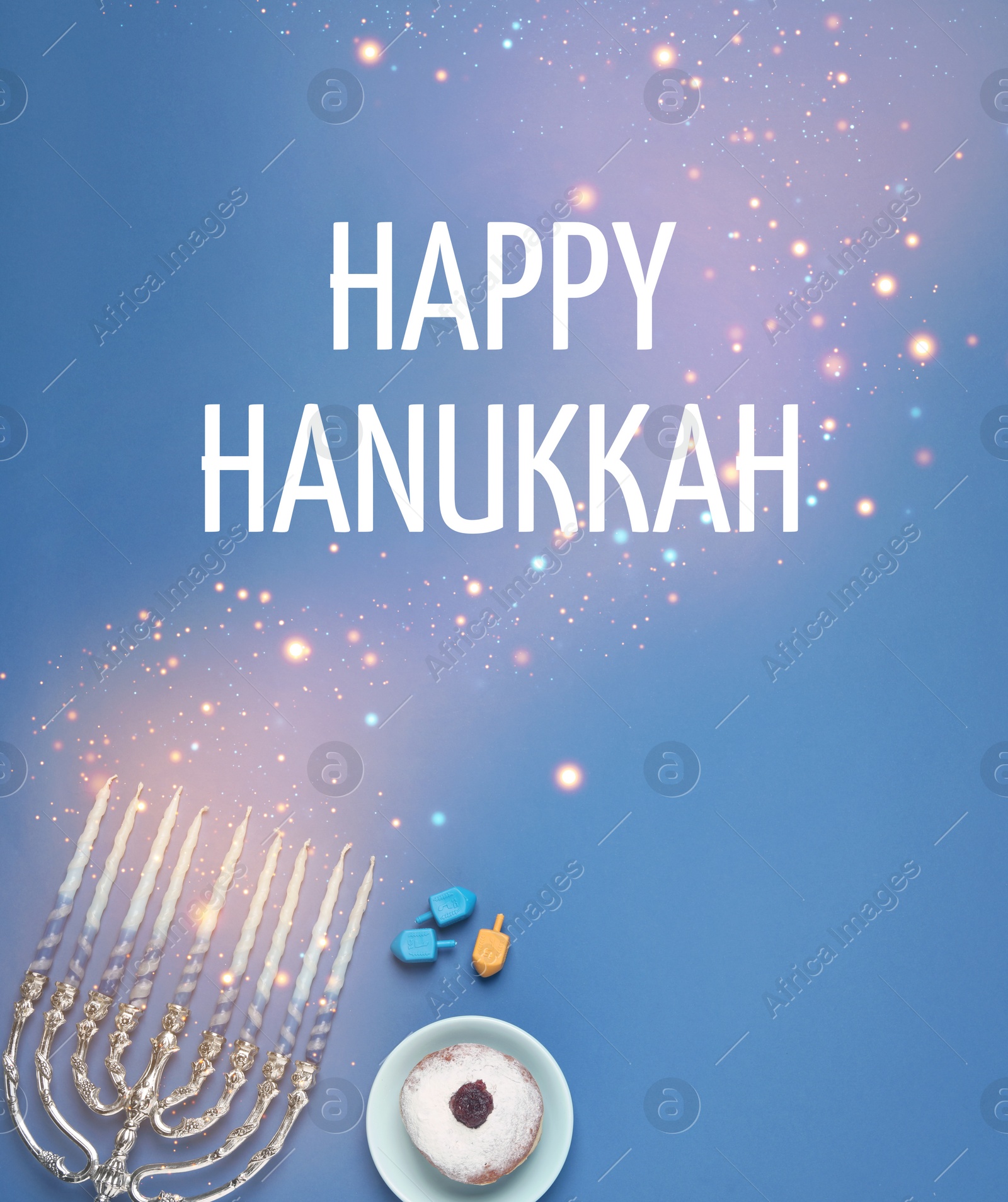 Image of Happy Hanukkah. Menorah, donut and dreidels on blue background, flat lay