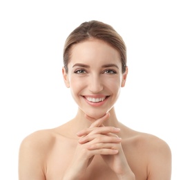 Beautiful young woman with silky skin on white background