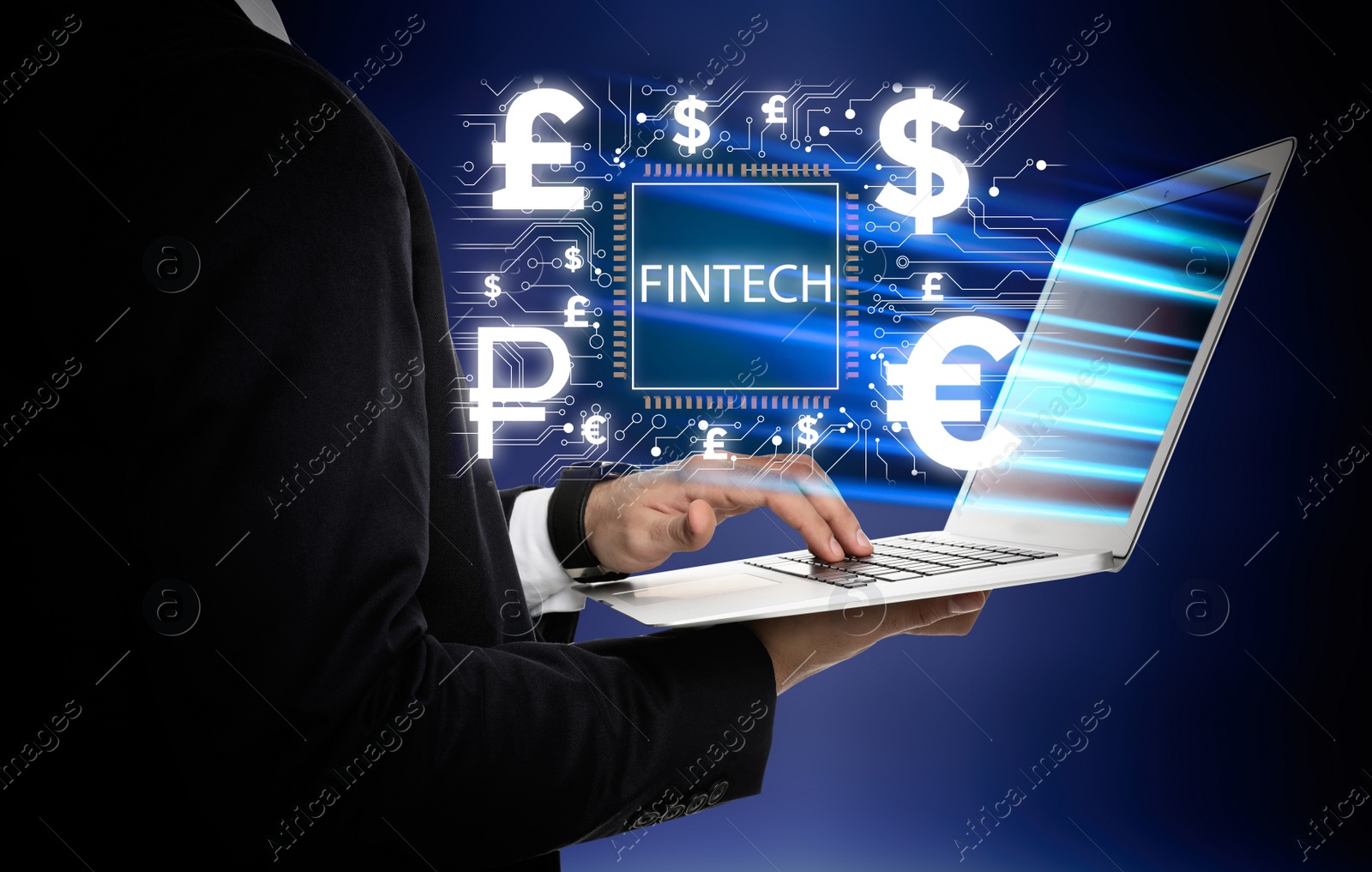 Image of Fintech concept. Man with laptop and digital schema on blue background, closeup