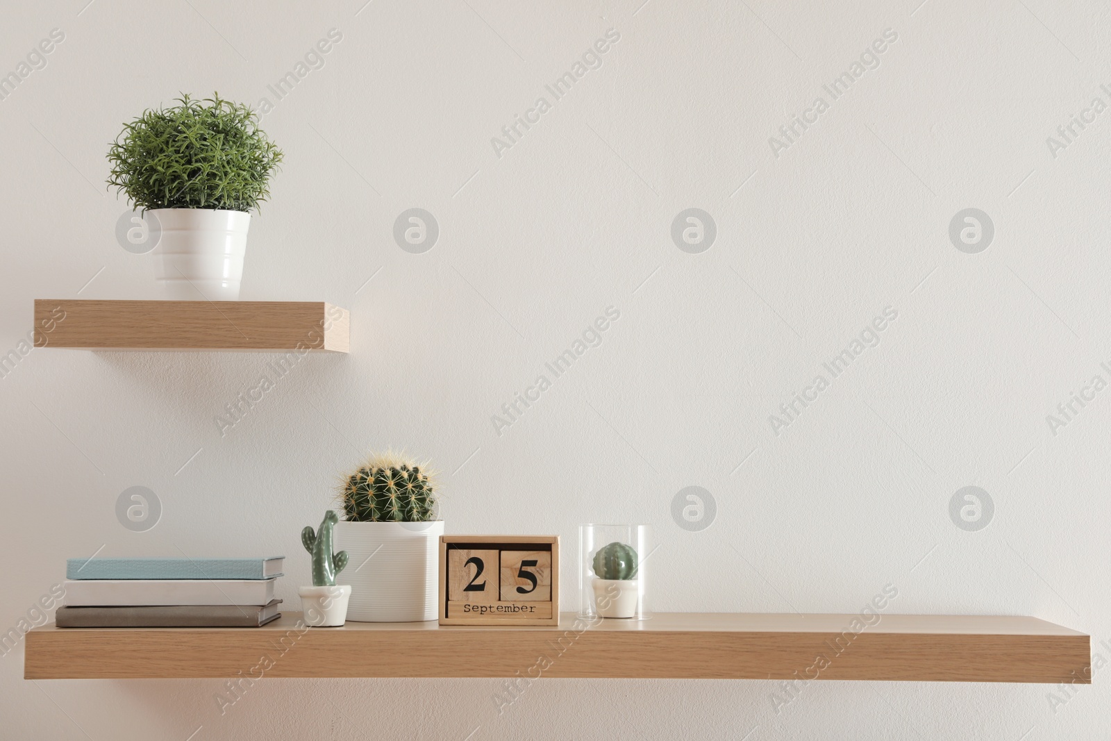 Photo of Wooden shelves with beautiful plants and calendar on light wall