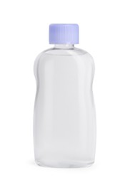 Transparent bottle with baby oil isolated on white