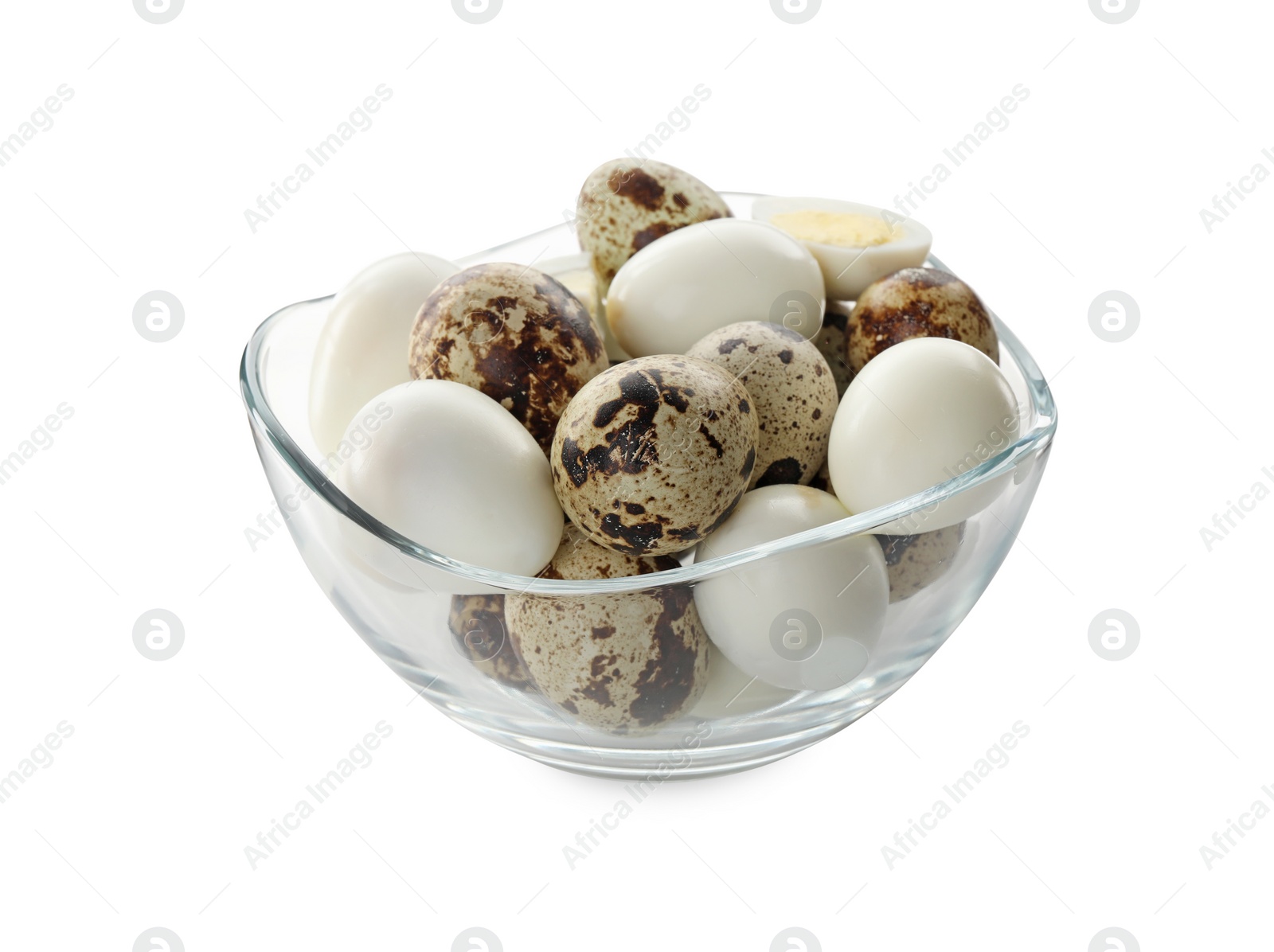 Photo of Unpeeled and peeled hard boiled quail eggs in bowl on white background