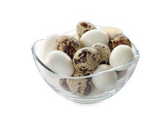 Unpeeled and peeled hard boiled quail eggs in bowl on white background