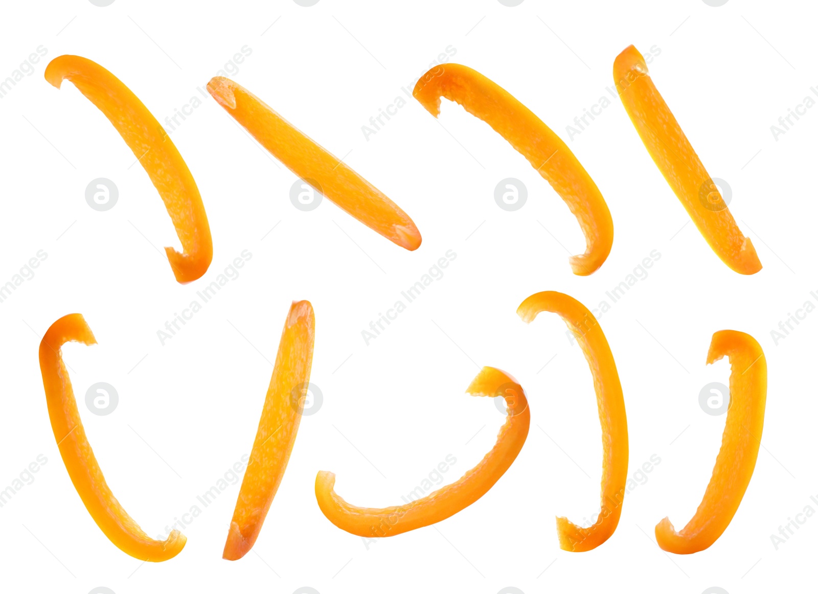 Image of Set of cut ripe orange bell pepper on white background